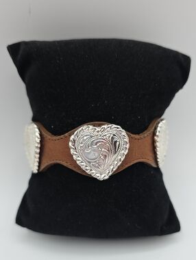 Brown Leather Bracelet with Silver Heart Conchos